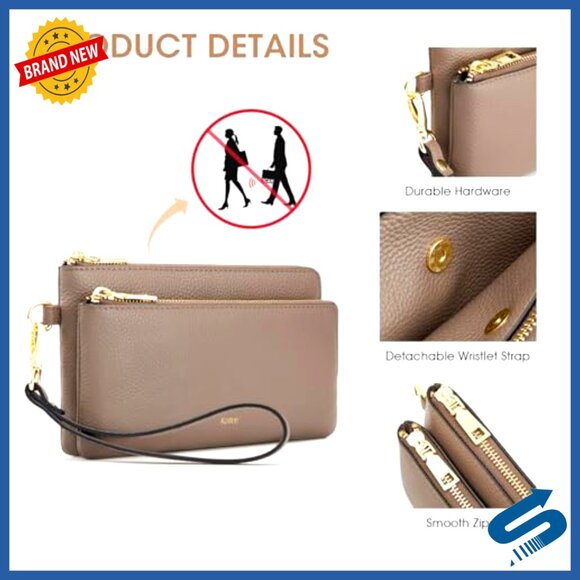 Leather RFID Wristlet Wallet, Slim Clutch with Card Slots, Compact Travel Purse